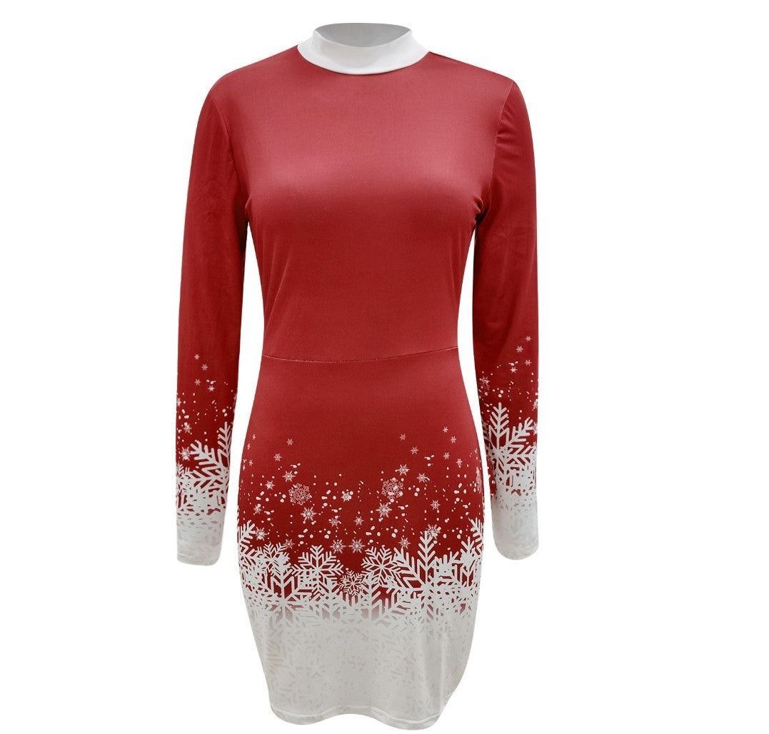 Women's dress elegant long sleeve Christmas print