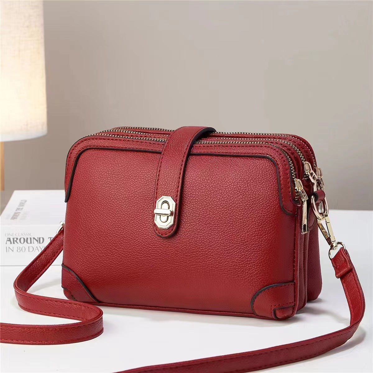 Women's square bag Shoulder Crossbody soft leather multi-layer lychee