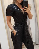 Women’s Jumpsuit Elegant Sequin Deep V Neck Slim Fit Long Sleeve