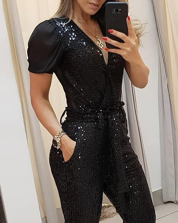 Women’s Jumpsuit Elegant Sequin Deep V Neck Slim Fit Long Sleeve