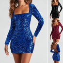 Women's Sexy Dress Elegant Backless Sequins Slim Square Neck Long Sleeves-3