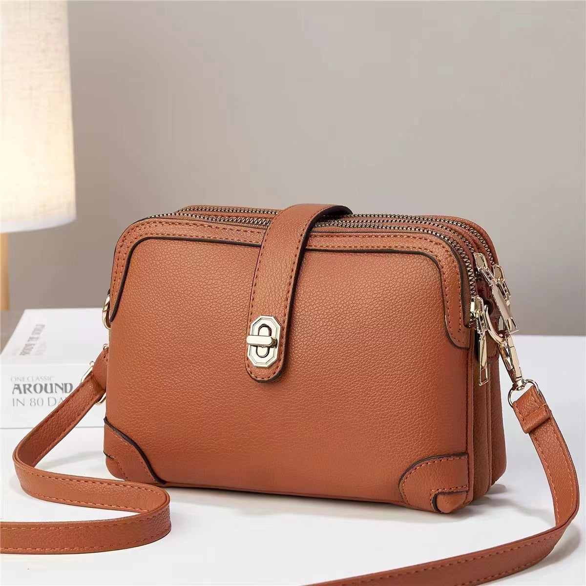 Women's square bag Shoulder Crossbody soft leather multi-layer lychee