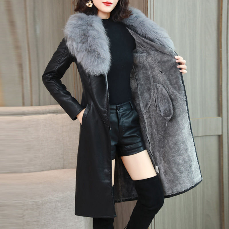 Women's coats PU leather elegant faux fur collar warm chic