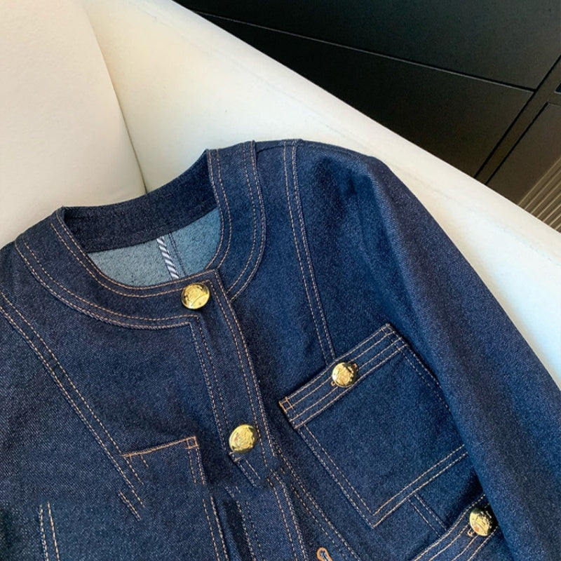 Veste femme denim élégant bleu rétro col rond haute qualité