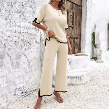 Women's Sets Elegant Striped Knitted Sexy top Straight Trousers