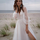Women’s Beach Wedding Dress Elegant V-Neck Puff Sleeve Mesh Boho Gown with Appliques-5