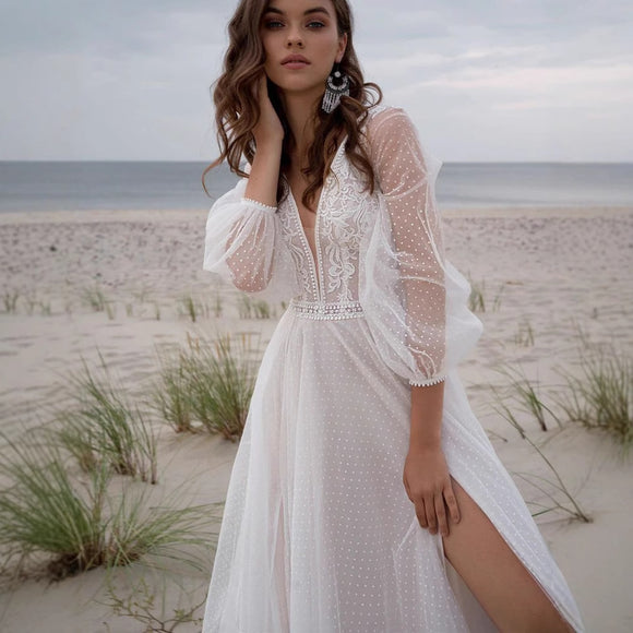 Women’s Beach Wedding Dress Elegant V-Neck Puff Sleeve Mesh Boho Gown with Appliques