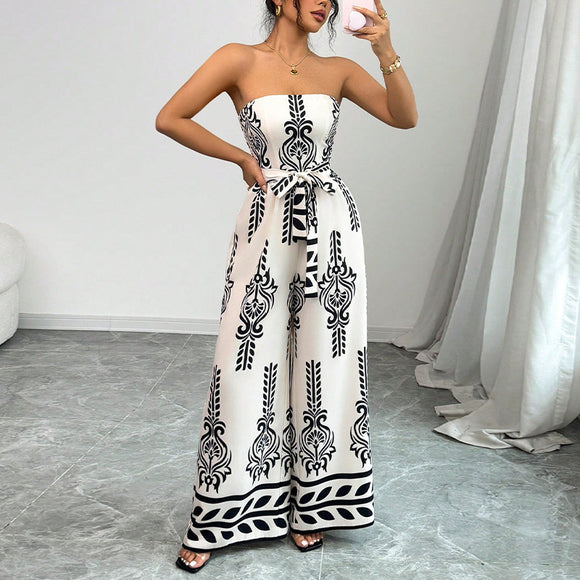 Women's Sexy Jumpsuit with Elegant Print Knot Wide Leg Slim Fit