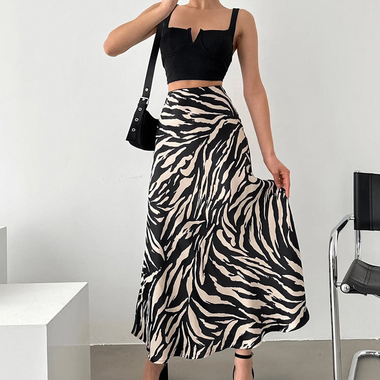 Women's maxi skirt elegant flared zebra striped trapeze