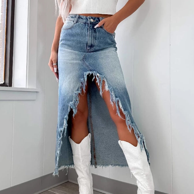 Women's long skirt denim elegant ripped and split