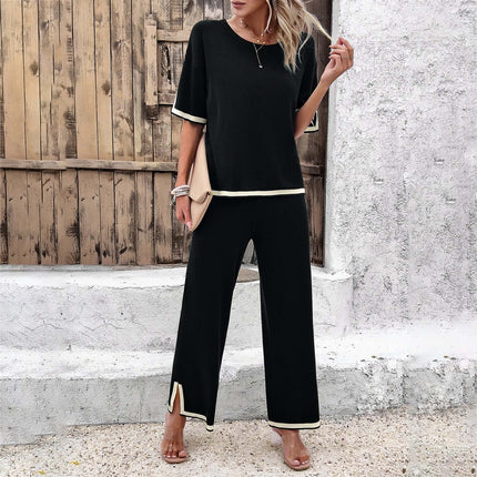 Women's Sets Elegant Striped Knitted Sexy top Straight Trousers