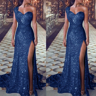 Dress Prom sparkling sequin, one shoulder, sexy high side slit Mermaid