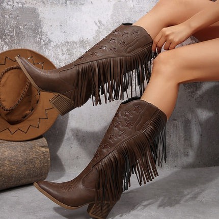 Buy brown Women's Western Cowboy Boots Elegant Pointed Toe Chunky Heel Star Fringe