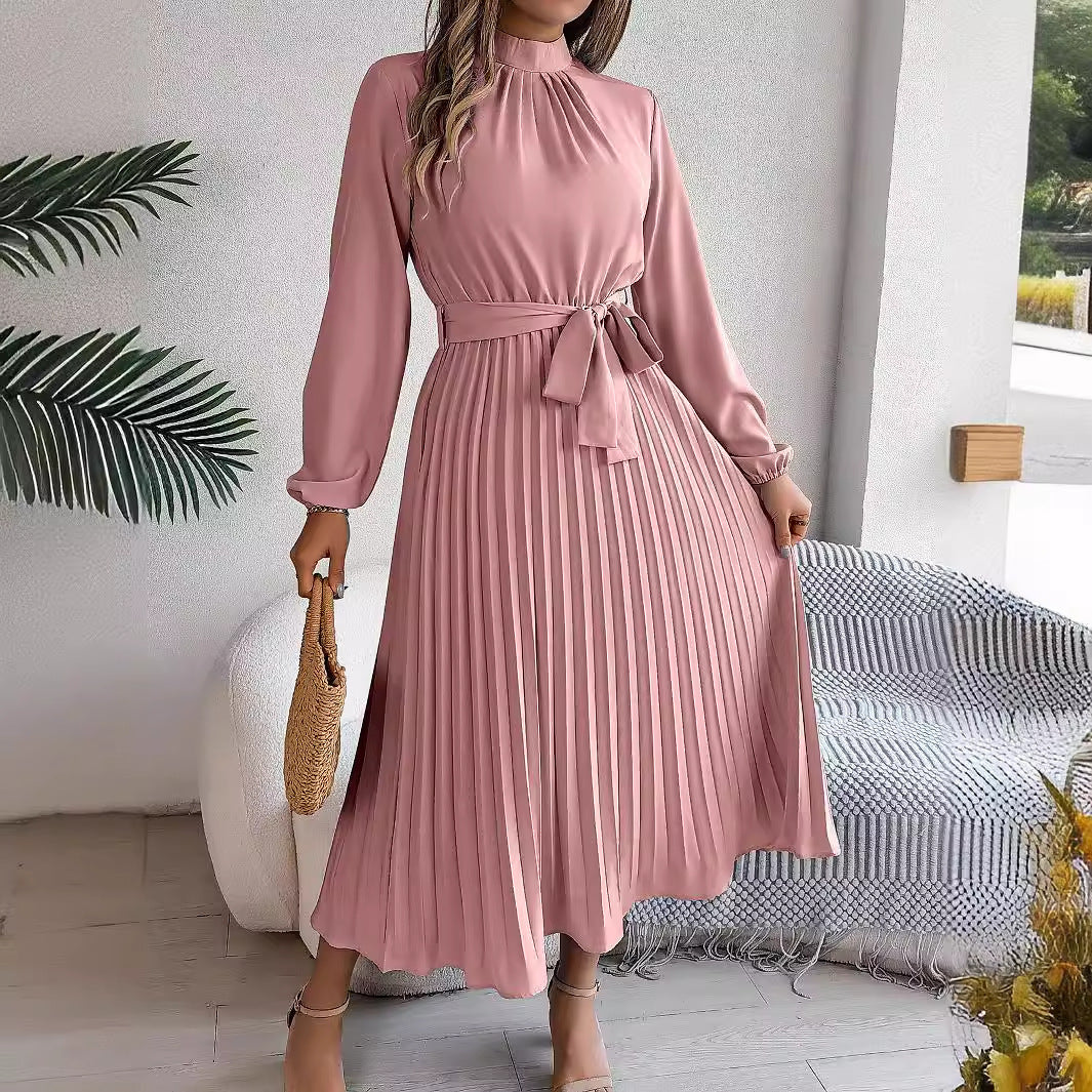 Women's dress flared pleated elegant belted long sleeve stand collar