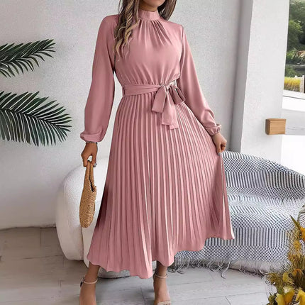 Women's Elegant Dress Flared Pleated Belted Long Sleeve Stand Collar