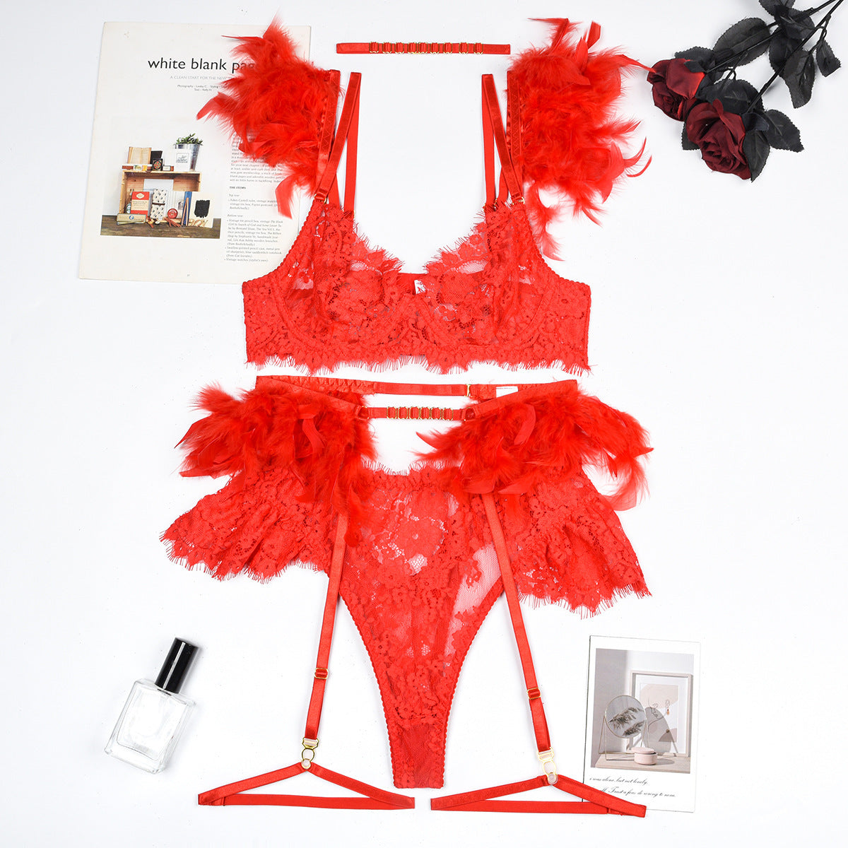 Women's lingerie set elegant sexy lace feather bra panty