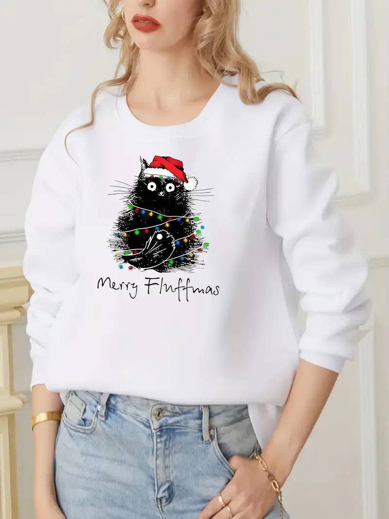 Sudadera de mujer con estampado navideño elegante cuello redondo