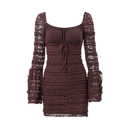 Comprar marron Vestido mini elegante y sexy con mangas acampanadas para mujer