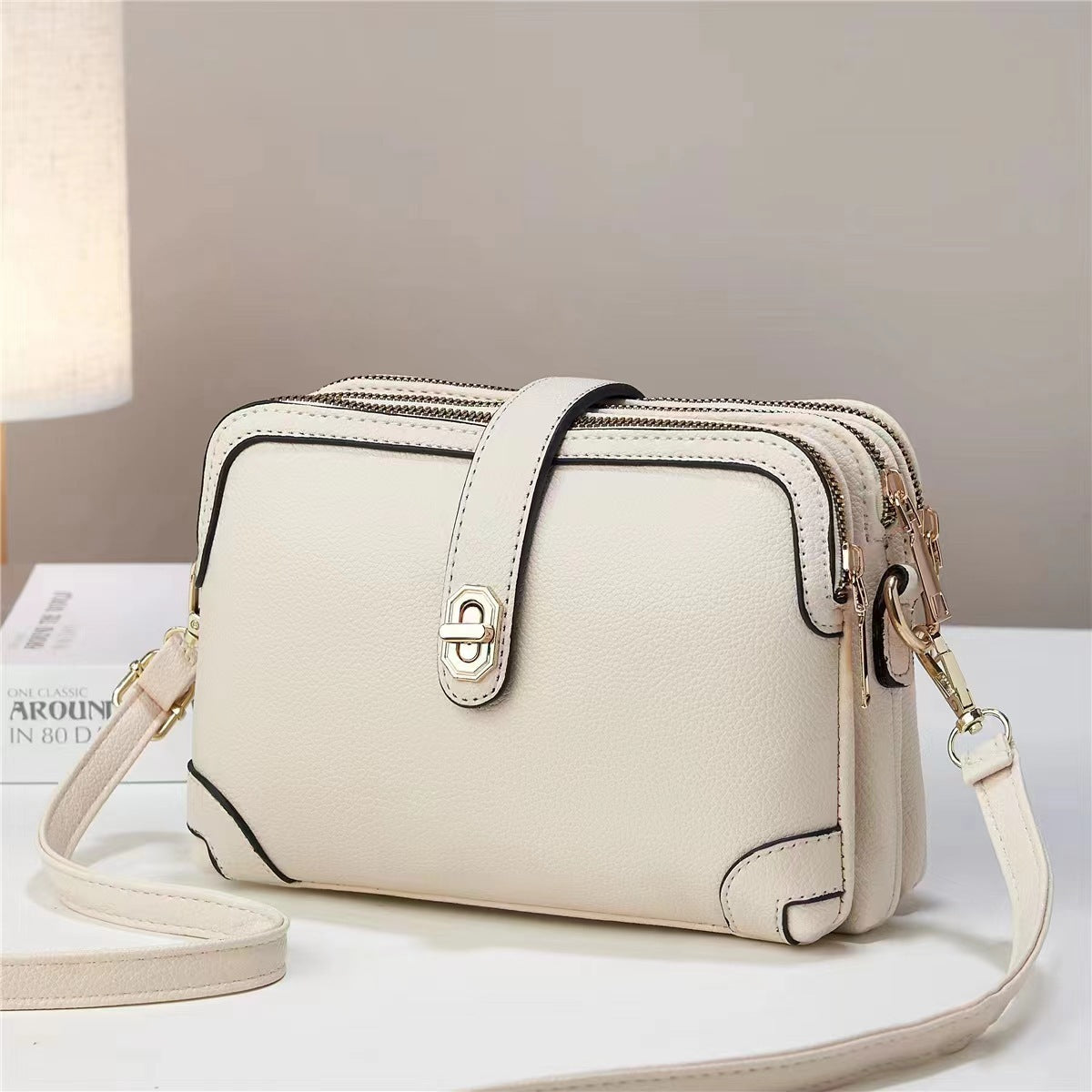 Women's square bag Shoulder Crossbody soft leather multi-layer lychee