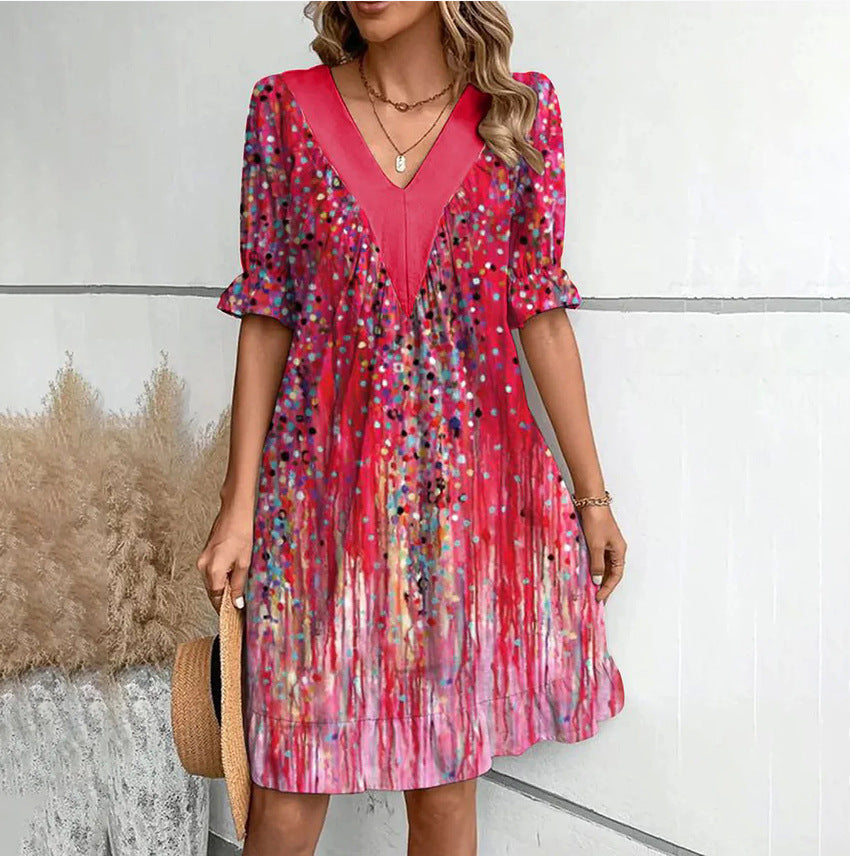 Women's Mini Dress loose short-sleeved V-neck elegant printed