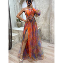 Women’s Sexy Maxi Dress Elegant Tie Dye Mesh Off Shoulder Slit