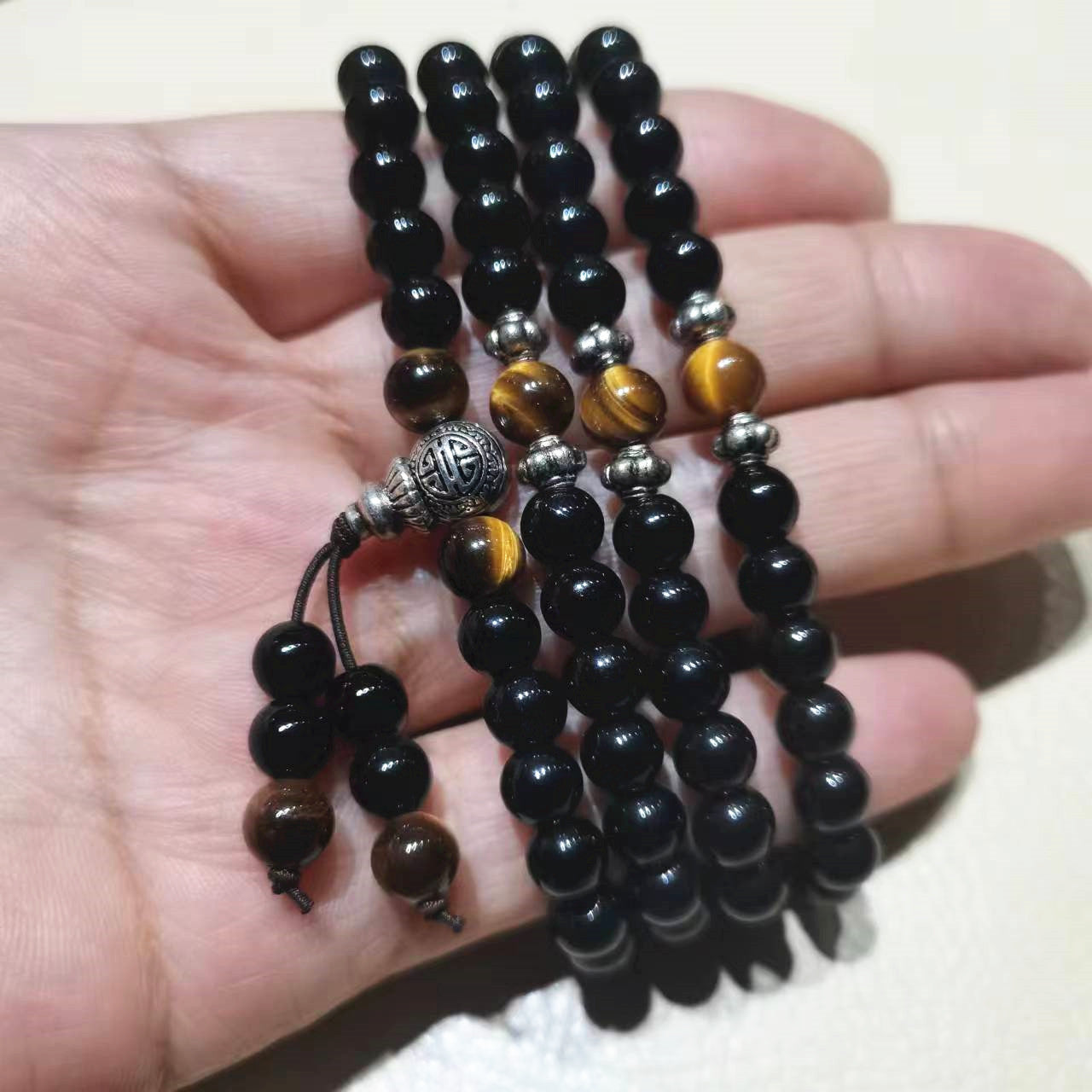 Acheter noir-avec-oeil-de-tigre Bracelet Mala perles obsidienne prière 108 pour la guérison méditation