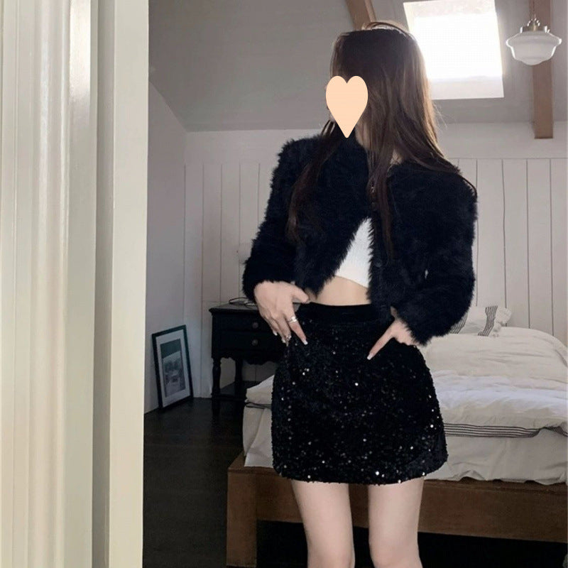 Women's mini skirt with sequins elegant high end casual