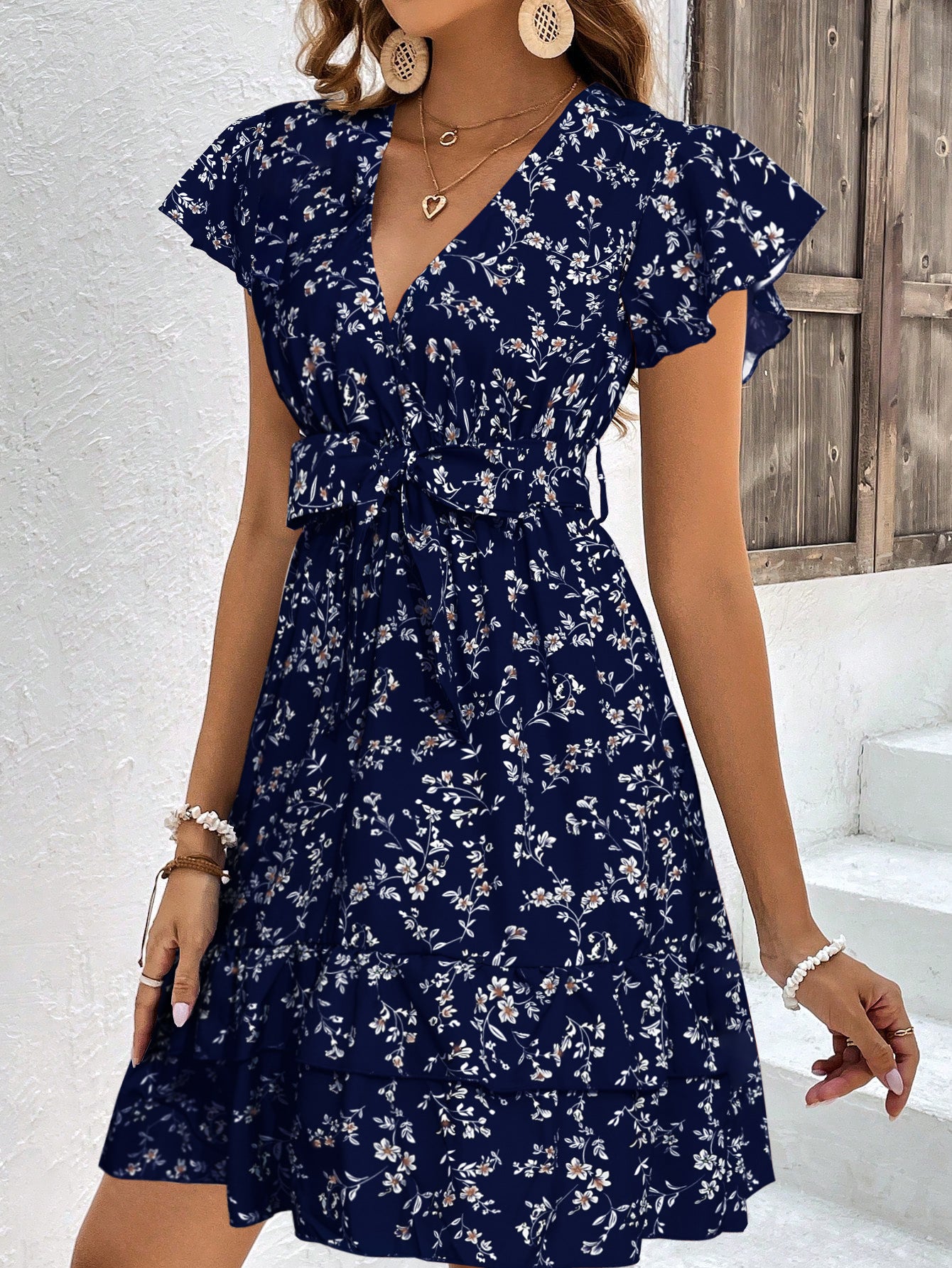 Women's mini dress Bohemian casual printed ruffle sleeve with belt