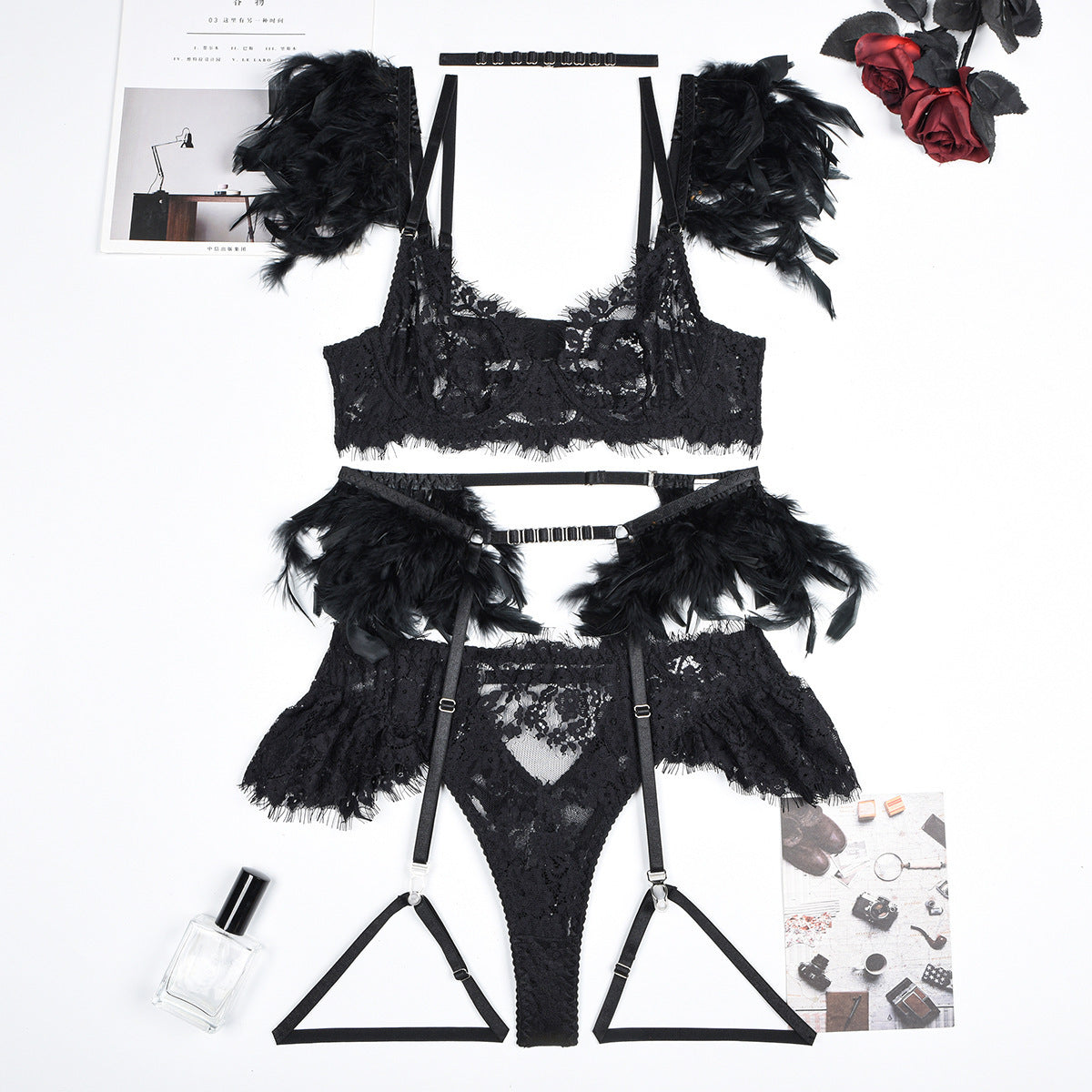 Women's lingerie set elegant sexy lace feather bra panty