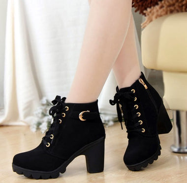 Women's ankle boots leather elegant lace-up square heels