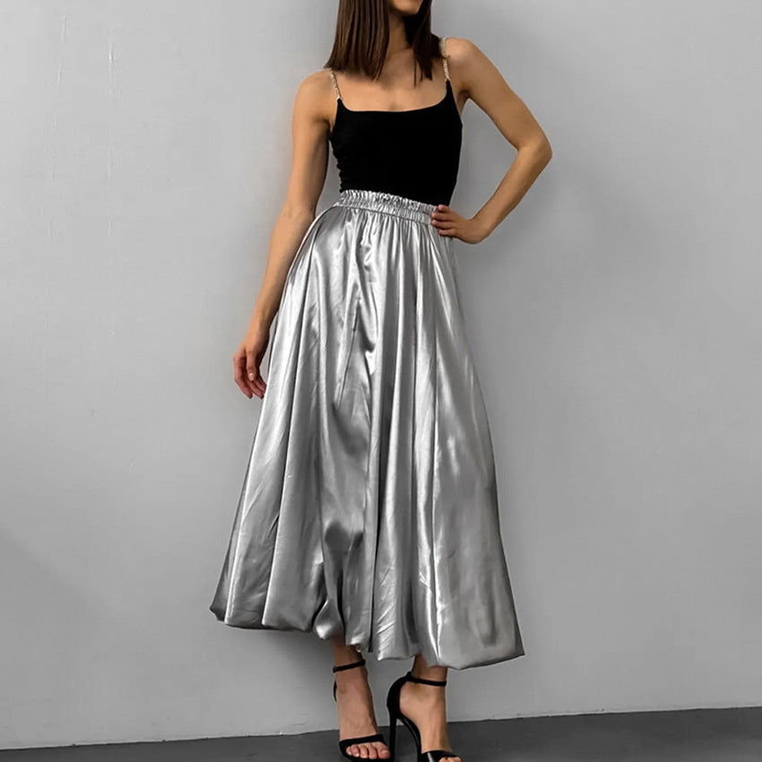 Women's long skirt pleated elastic metallic silver bubble balloon