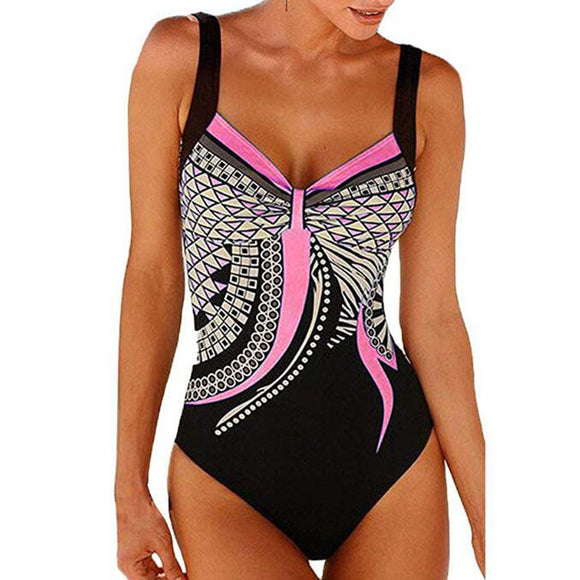 Women's swimsuit one-piece elegant strap retro printed