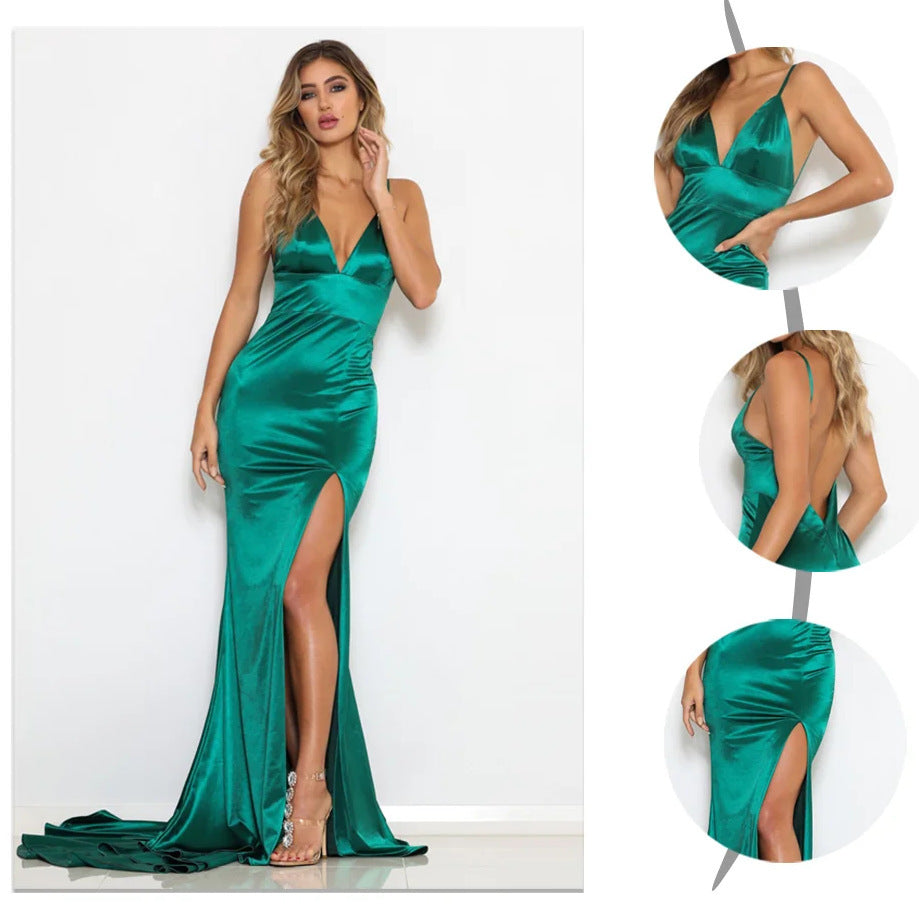 Women's dress evening satin sexy elegant, backless, high slit, bodycon