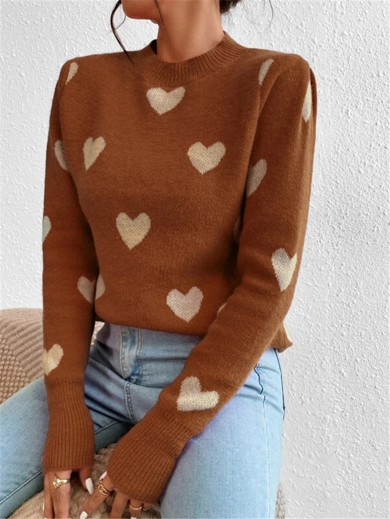 Women's Sweater knitted loose round neck elegant, heart pattern, soft