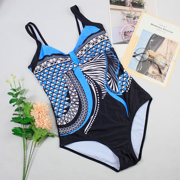 Women's swimsuit one-piece elegant strap retro printed