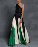 Women's Pleated Printed Long Dress, Strapless Contrast Stitching