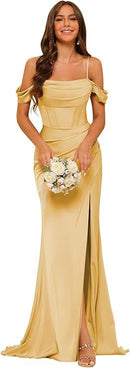 Women’s Gowns Mermaid Bridesmaid Satin Elegant Off Shoulder Dress