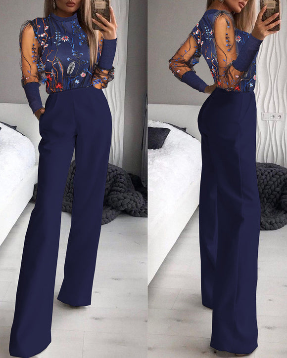 Women's Wedding Jumpsuit Elegant Shiny Mesh V Neck Slim Party