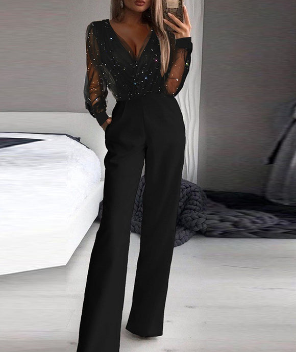 Women's Wedding Jumpsuit Elegant Shiny Mesh V Neck Slim Party