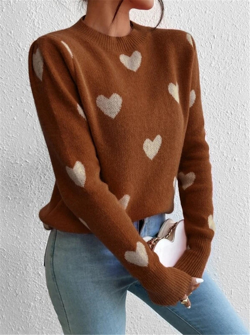 Women's Sweater knitted loose round neck elegant, heart pattern, soft