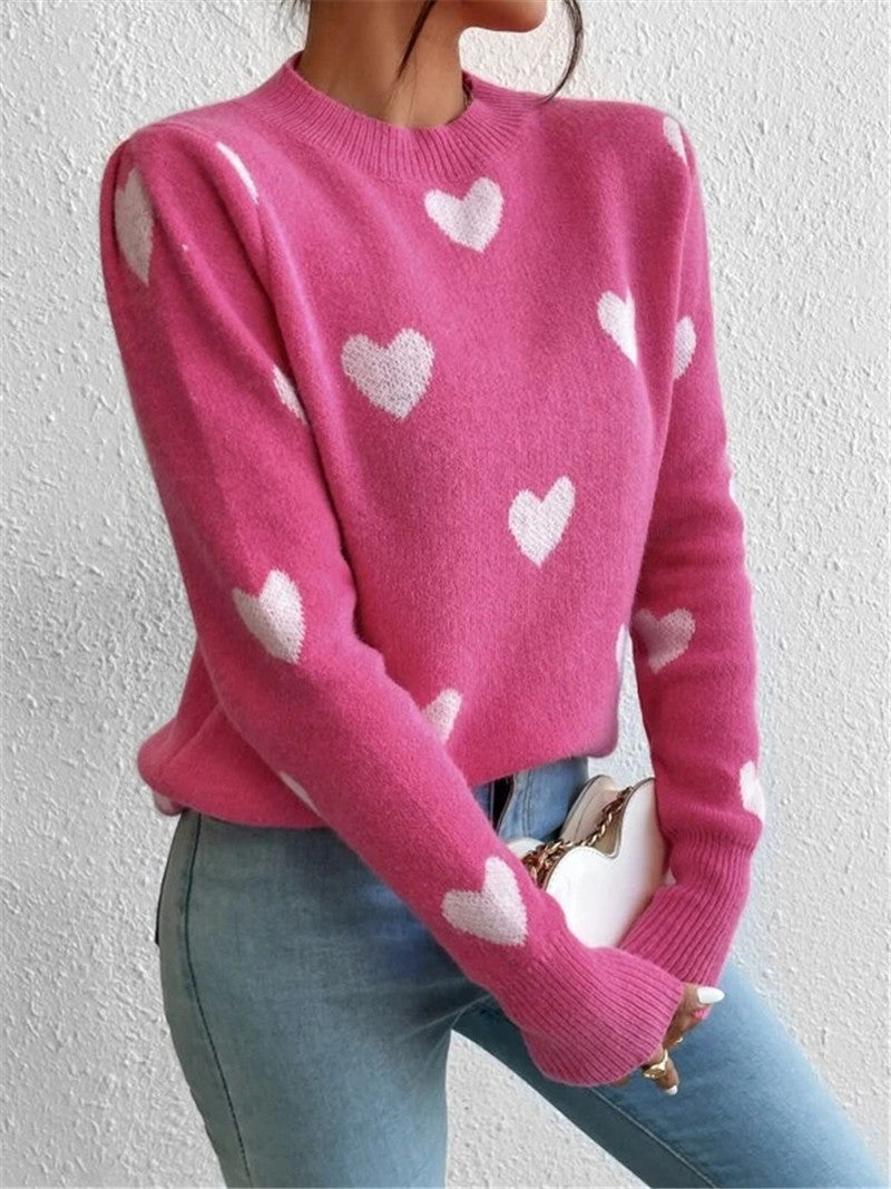 Women's Sweater knitted loose round neck elegant, heart pattern, soft