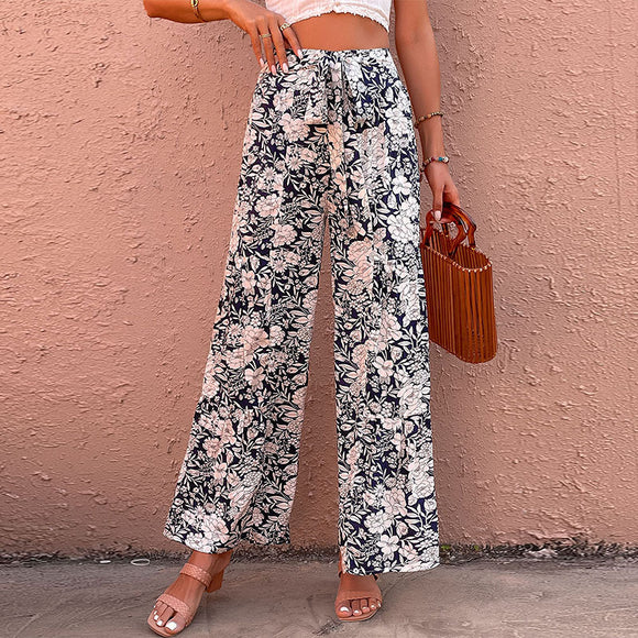Women's Tie-Waist Floral Wide Leg Pants, Summer Trousers, Printed