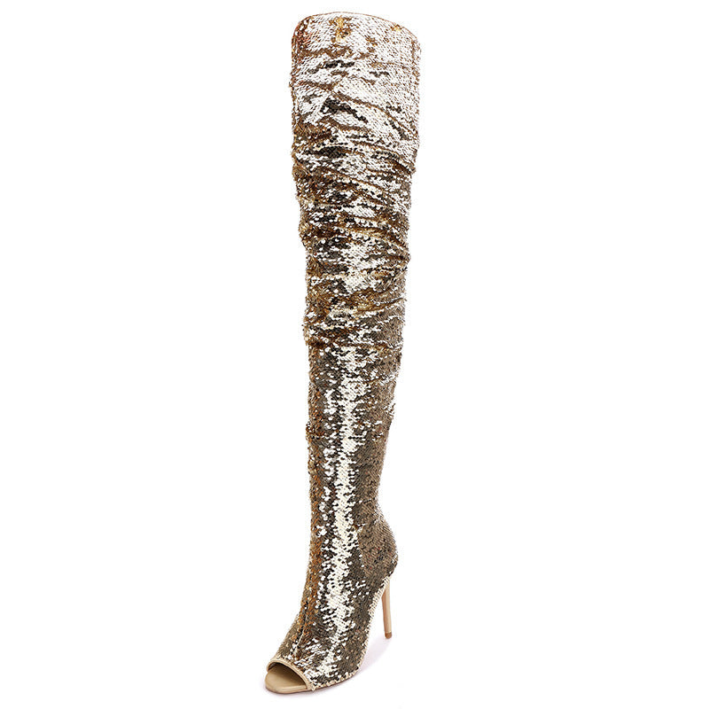 Women's Boots long high heels stiletto sequins elegant with fish mouth