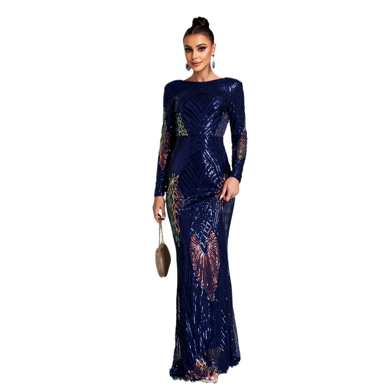 Women's evening dress long banquet sequined long sleeves sexy elegant