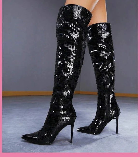Women’s Knee-High Boots Elegant Sequins Over-the-Knee Party Glam