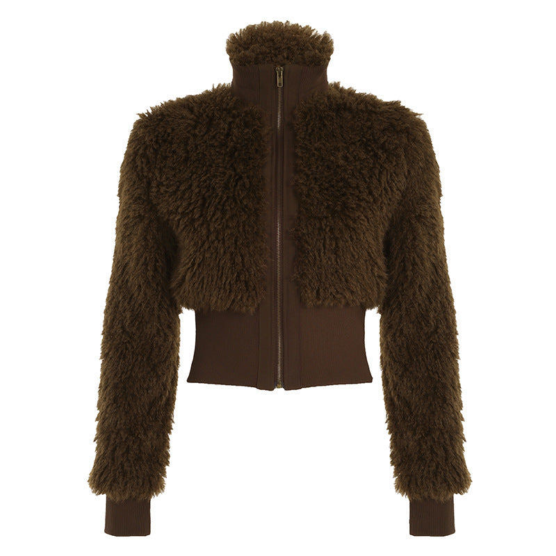 Women's jacket plush elegant patchwork fur reverse seams