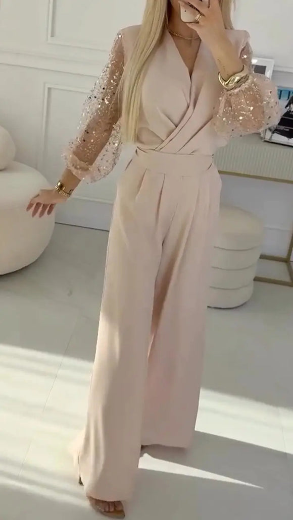 Women's Elegant Jumpsuit Sequined Top Wide Leg Pants Casual Suit