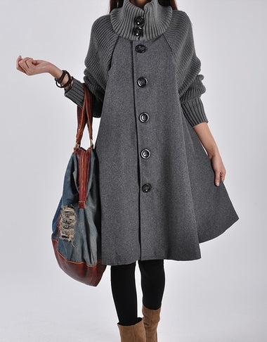 Buy grey Women’s Coat Elegant Trapeze Single-Breasted Loose High Collar Plus Size