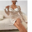 Women's dress fitted satin with contrast lace elegant backless