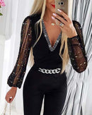 Women’s Elegant Jumpsuit V Neck Rhinestone Mesh Party Outfit-2